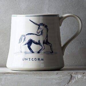 ANTHROPOLOGIE | Molly Hatch Unicorn Icon Mug Stoneware Blue White EUC